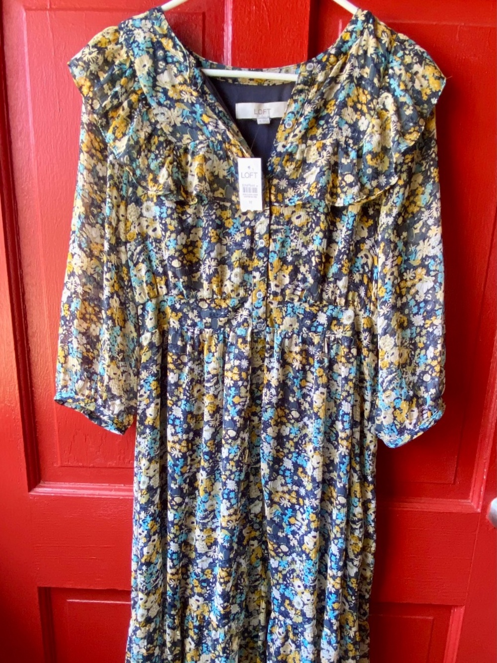 LOFT Colorful Blue Floral Tiered Maxi V-Neck Smocked Waist Dress NWT